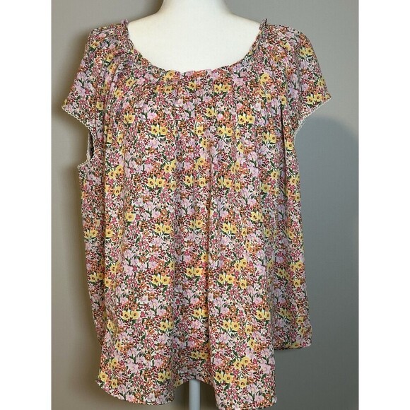 LC Lauren Conrad Blouse Top Multicolor Floral Print BOHO Peasant Keyhole Ties 1X - Picture 1 of 9